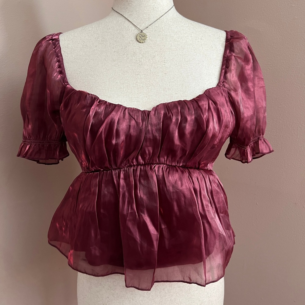 Thirty‎ Thirty Metallic Organza Babydoll Top Puff Sleeve Burgundy Size Small